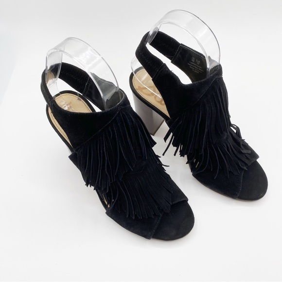 Sam Edelman Shoes - Sam Edelman Black Leather Fringe block heel sandals Size 6M